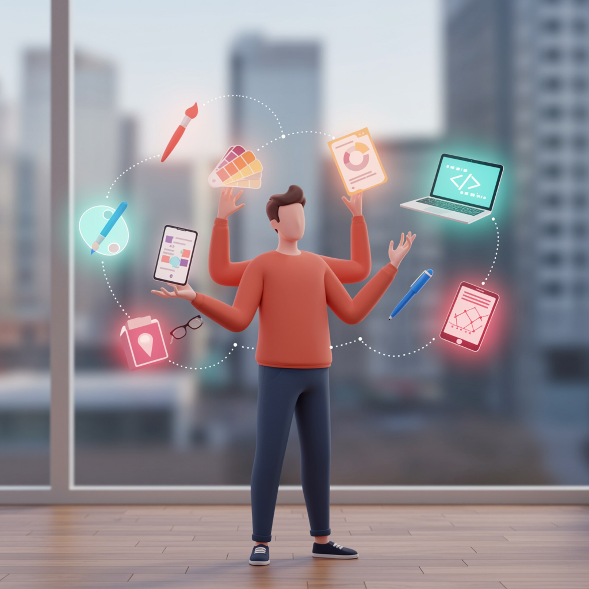 Texto alternativo: "Ilustración digital dinámica de un profesional versátil en su oficina, rodeado de herramientas creativas como pinceles y dispositivos tecnológicos, simbolizando innovación y estrategia en diseño y desarrollo."