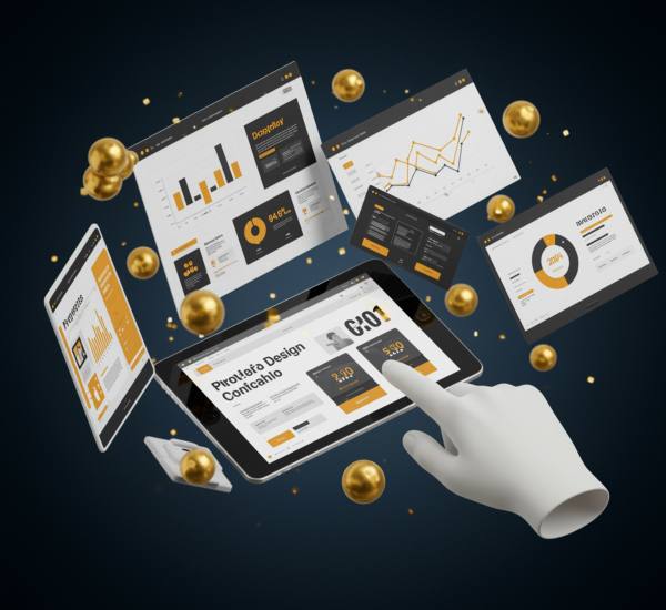 "Thumbnail de 600x550 píxeles para la sección 'Proyectos', con maquetas de páginas web flotantes, gráficos de campañas de marketing y carteles de diseño de marca, enfatizando un portafolio en una tableta, iluminado profesionalmente."