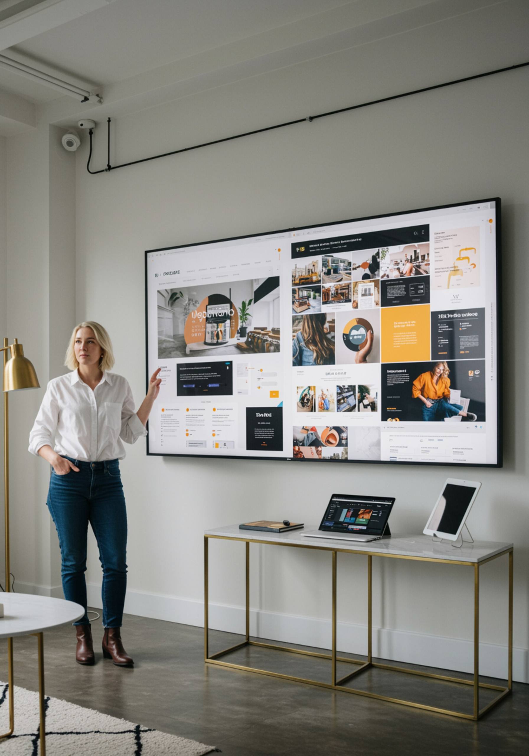 "Directora creativa en un estudio elegante, junto a una pantalla que muestra un collage dinámico de proyectos destacados en diseño web, marketing digital y redacción, reflejando soluciones personalizadas y experiencia multidisciplinaria."
