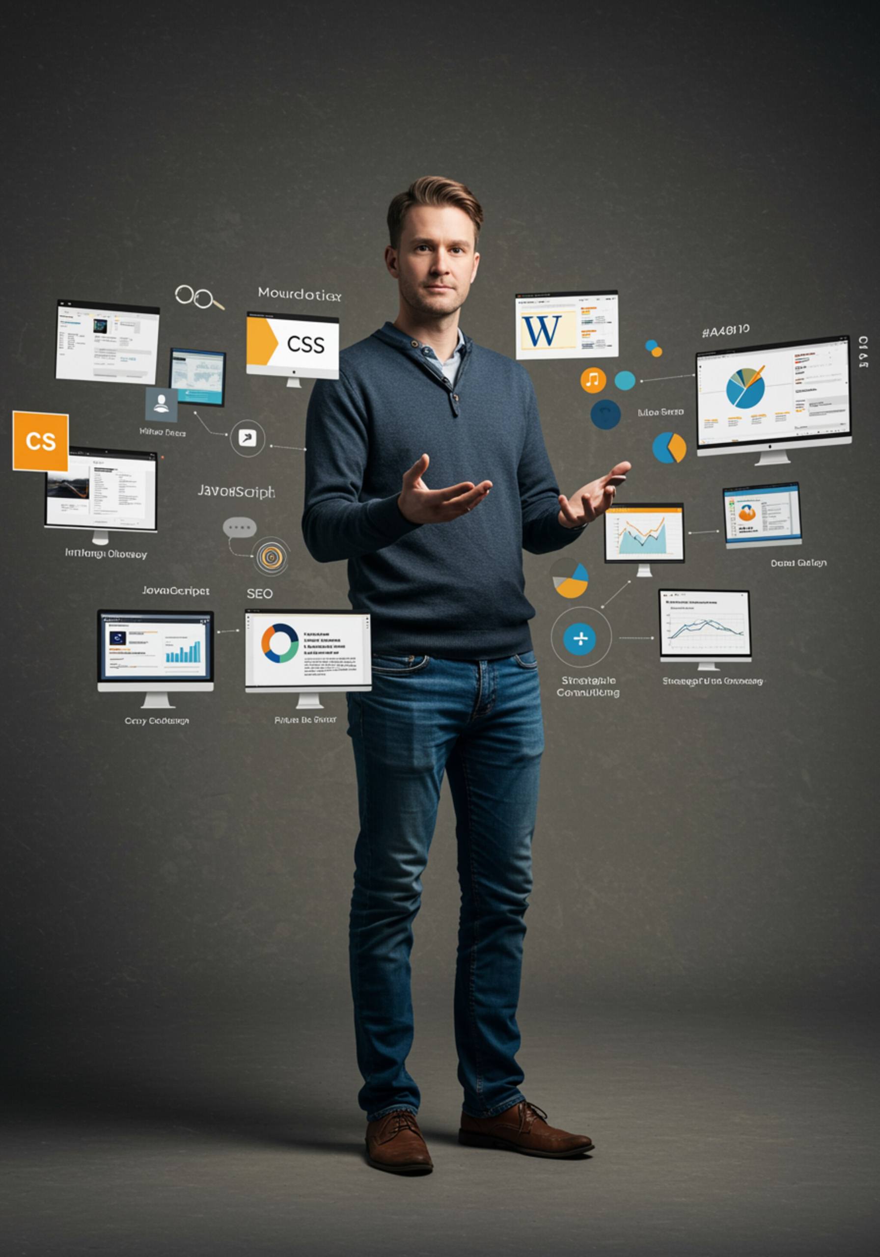 Infografía de un profesional blanco en atuendo smart casual, rodeado de íconos de habilidades digitales como HTML, CSS, JavaScript y SEO, con un fondo neutro y detalles dorados que reflejan su experiencia en marketing digital.