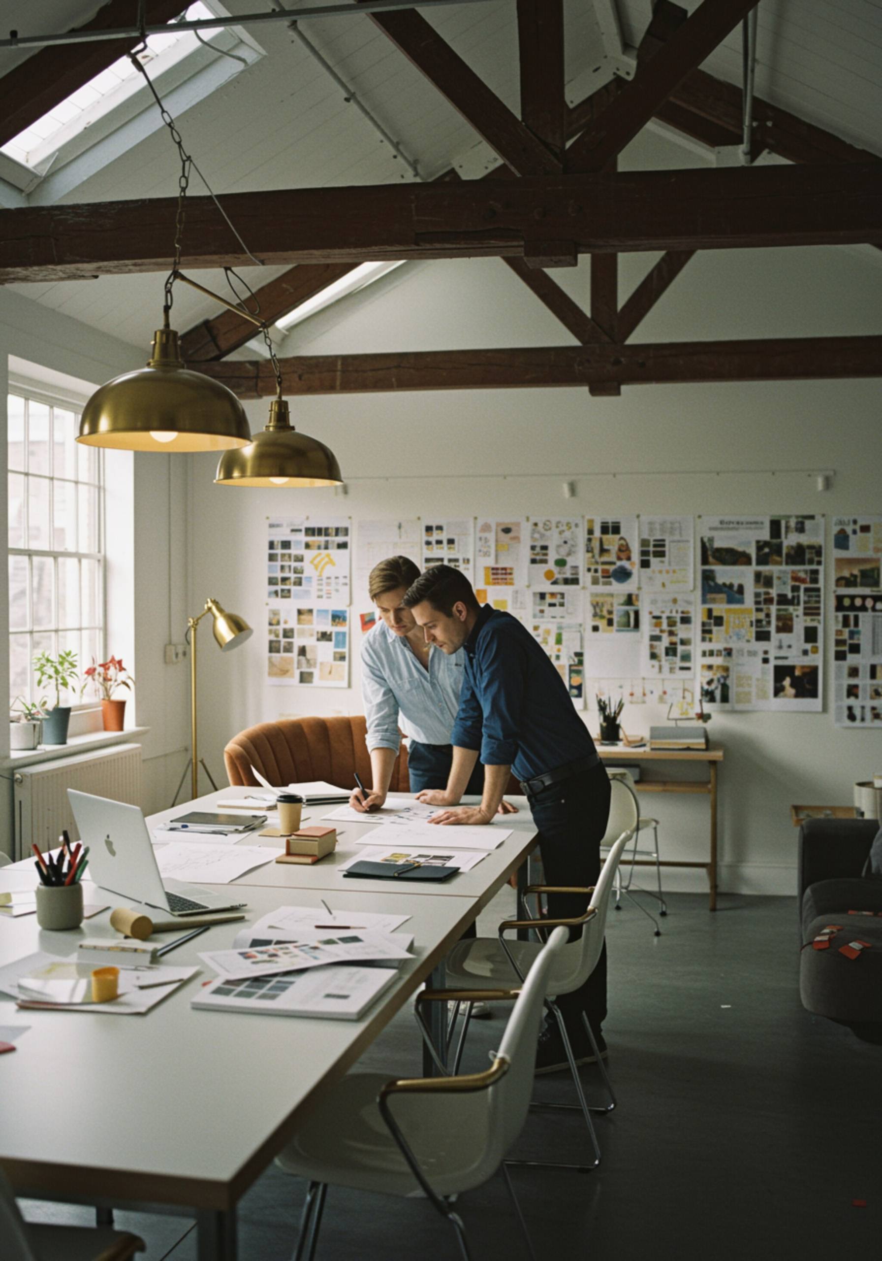 "Espacioso estudio de coworking 'Slasherworks' con paredes blancas y muebles dorados, donde profesionales colaboran en un ambiente iluminado y creativo."