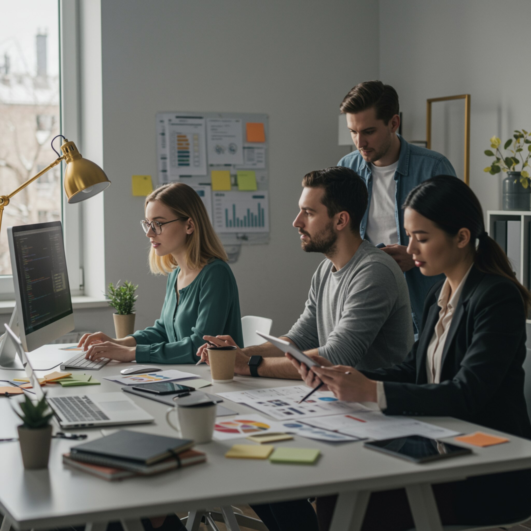 "Espacio de co-working moderno y luminoso con una desarrolladora web, un diseñador gráfico y una especialista en marketing colaborando en proyectos de diseño, programación y análisis de datos."