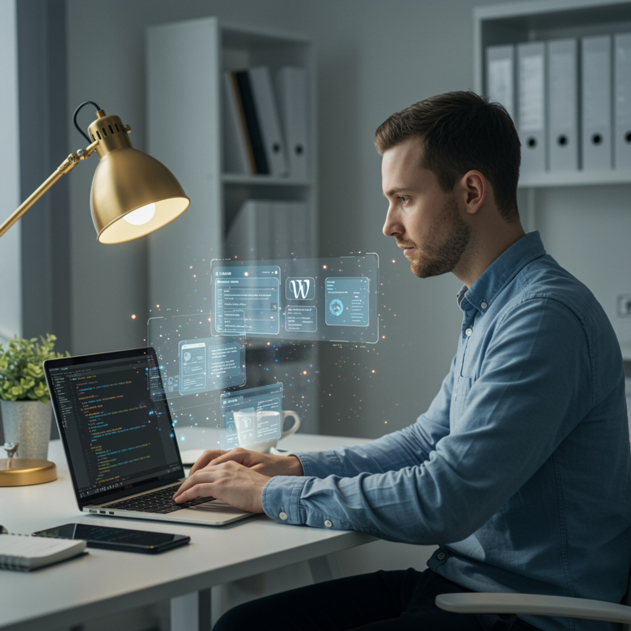 "Desarrollador web profesional en un moderno escritorio, trabajando con HTML, CSS, JavaScript y WordPress, rodeado de interfaces holográficas en un entorno minimalista."