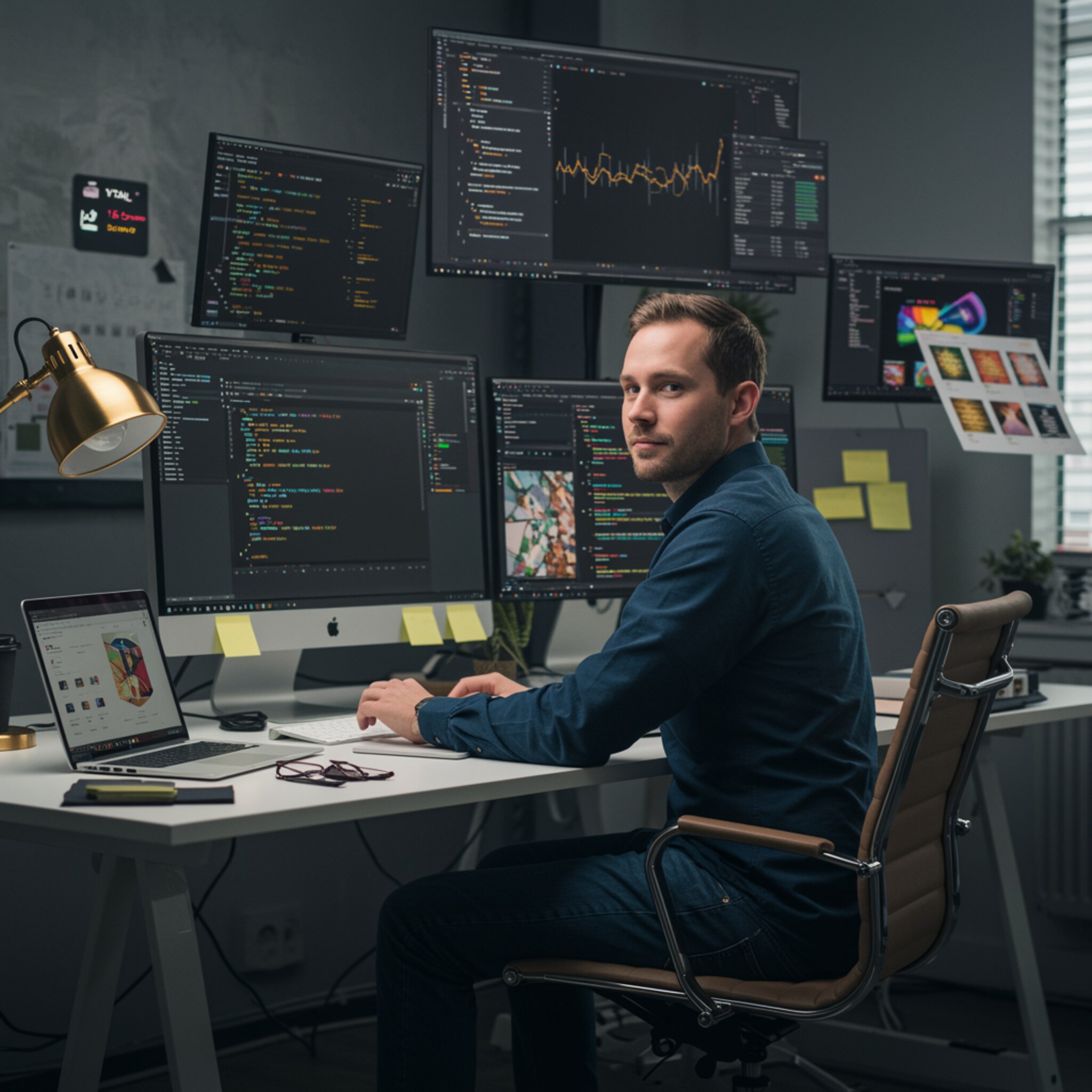 "Imagen de un experto en desarrollo web y marketing digital, trabajando en un moderno espacio de coworking con pantallas que muestran código y análisis de marketing."