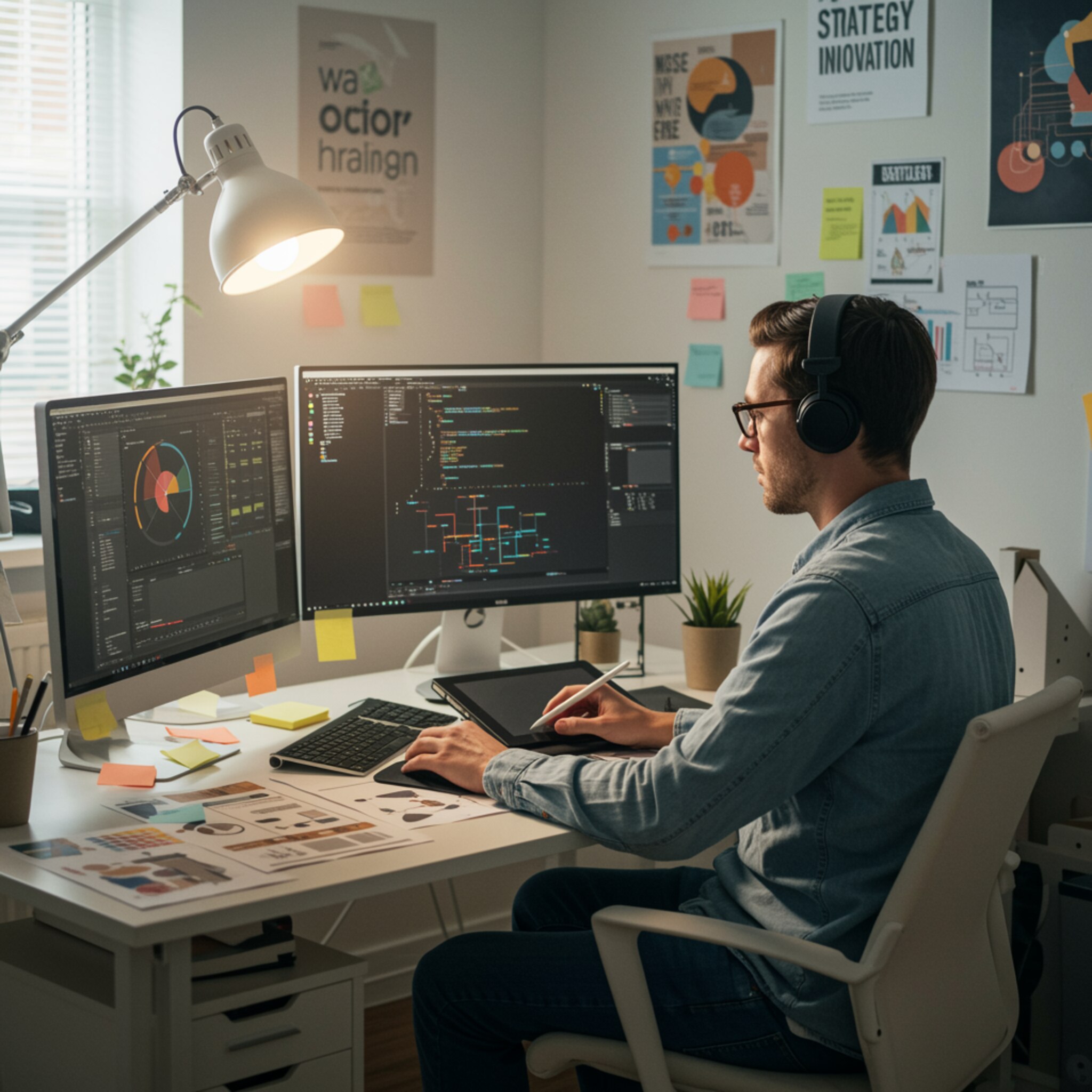 "Profesional creativo en un moderno estudio digital, trabajando en diseño gráfico y desarrollo web, rodeado de herramientas y materiales inspiradores."