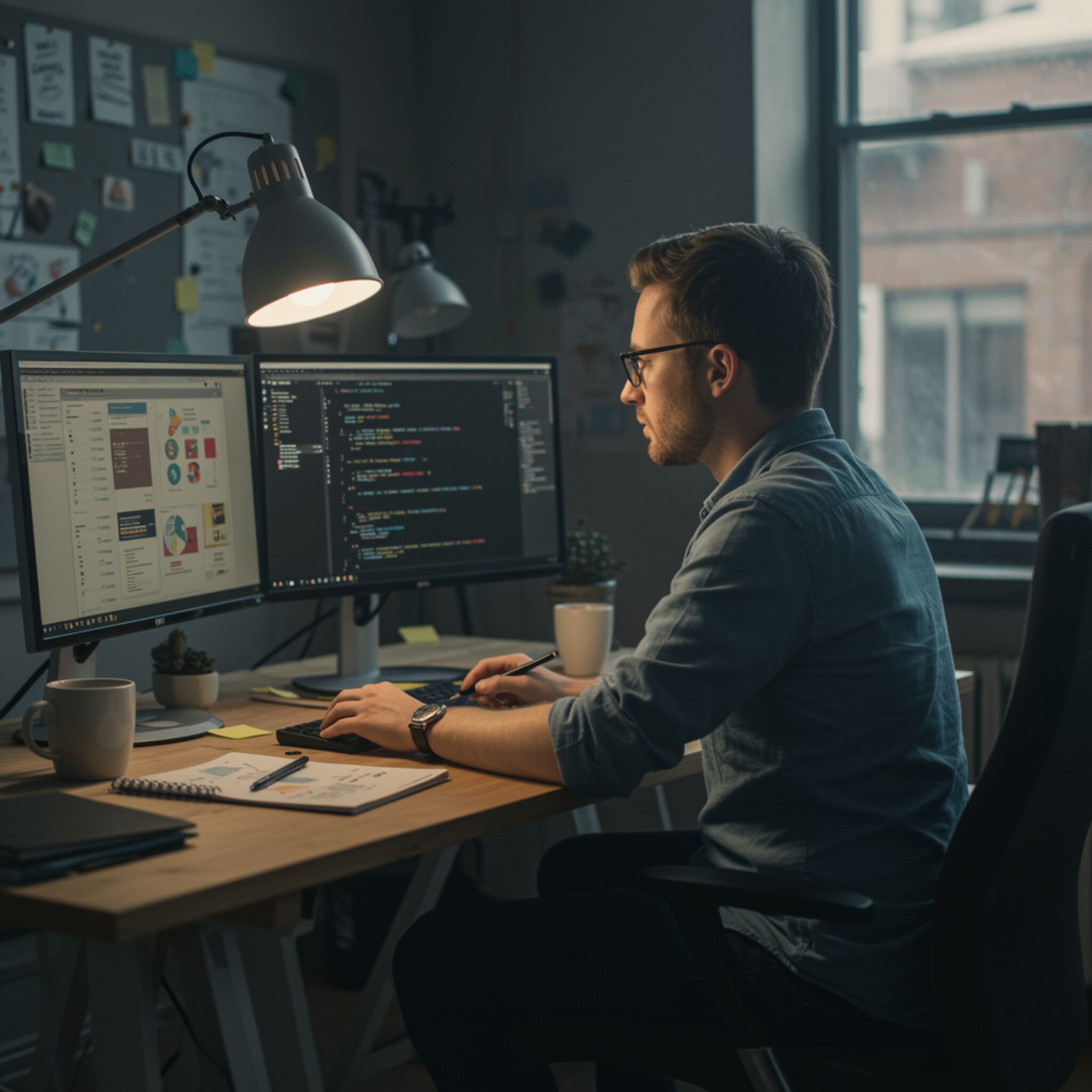 "Profesional slasher masculino en su moderna estación de trabajo con monitores que muestran código y análisis de marketing, rodeado de diseño gráfico y luz natural en un estudio creativo."