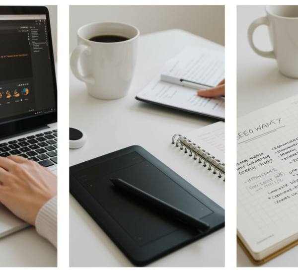 "Thumbnail de habilidades: manos de un profesional programando en laptop, dashboard de SEO, notas en un cuaderno y tableta gráfica sobre fondo blanco con detalles dorados."
